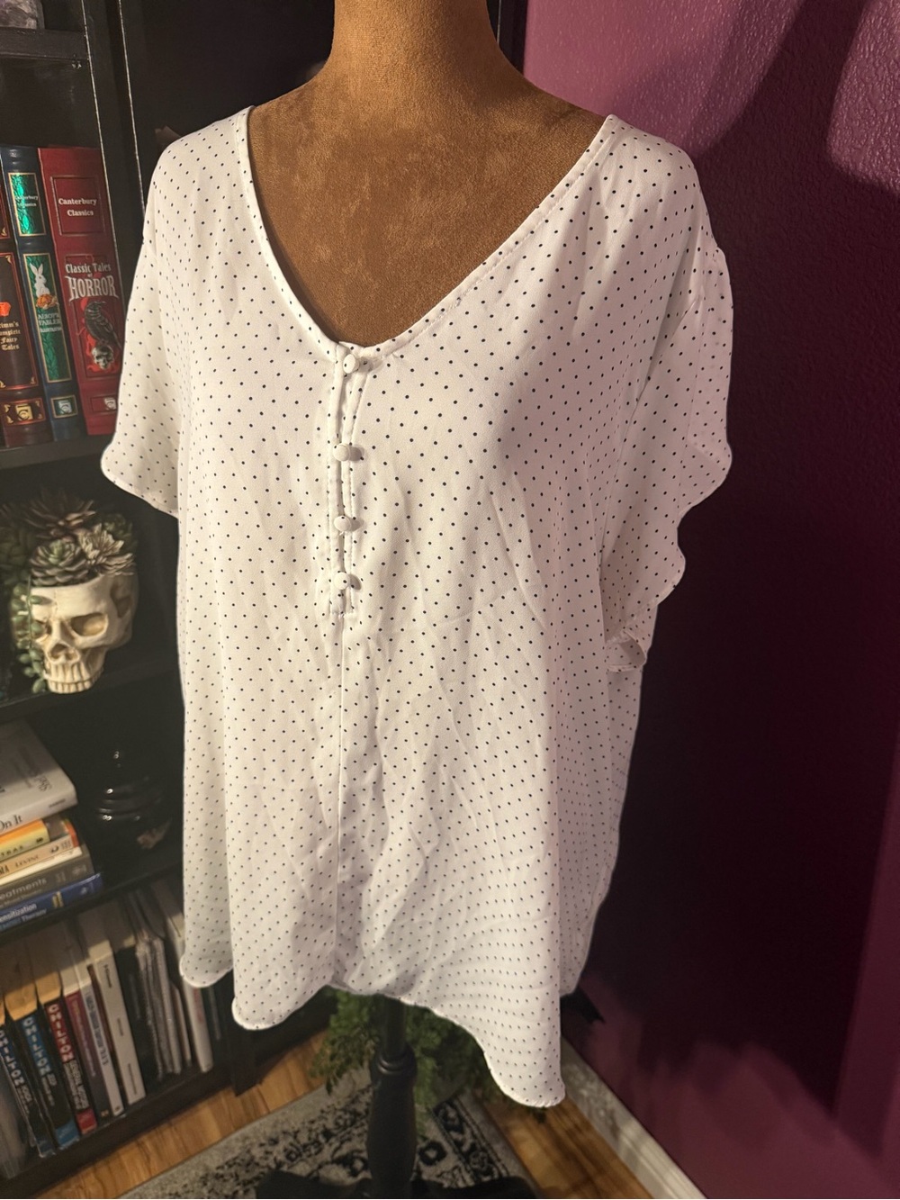Philosophy White Polka Dot V-Neck Button-Front Top